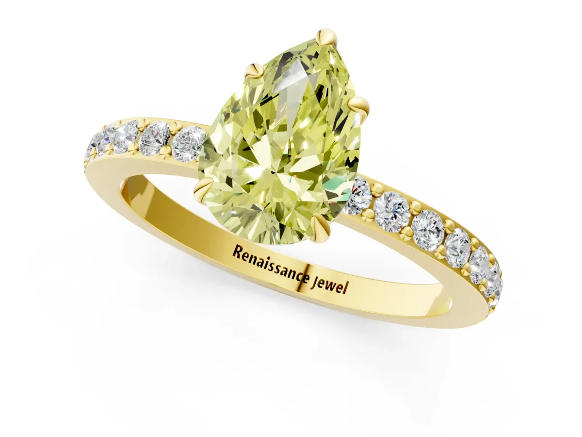 Fancy Yellow Pear Cut Diamond Solitaire Engagement Ring with Pavé Band and Four-Prong Setting Yellow gold