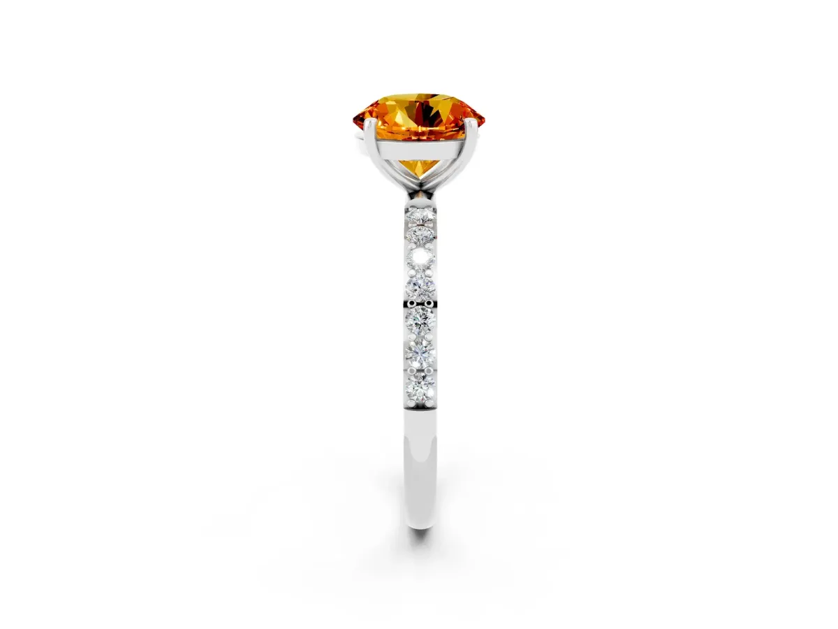 Round Cut Citrine Solitaire Ring with Round Pavé Band and Prong Setting Platinum
