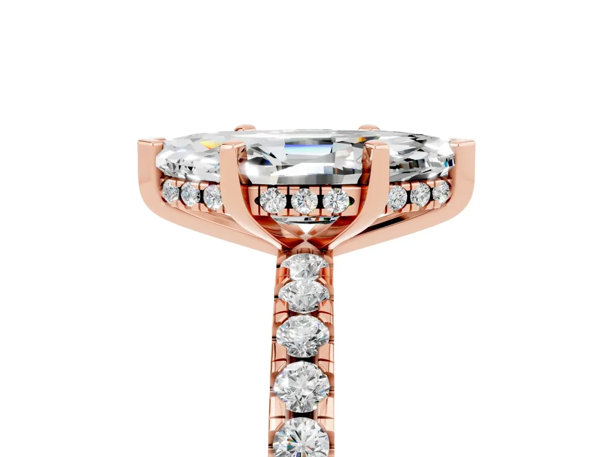 Marquise Cut Moissanite Solitaire Ring with Round Pavé Band and Four-Prong Setting Rose gold