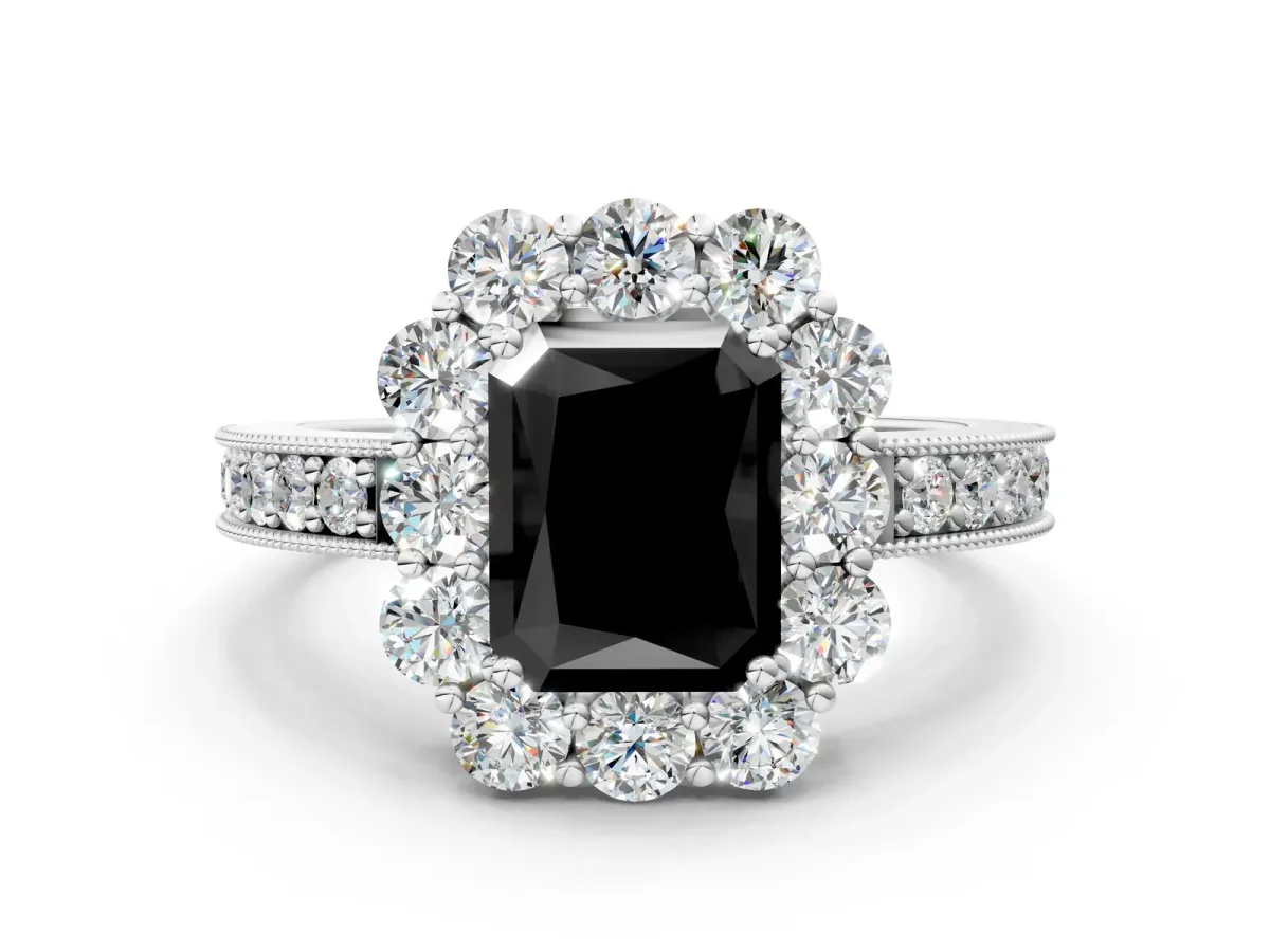 Fancy Black Radiant Cut Cut Halo Diamond Pavé Engagement Ring with Milgrain Detailing Platinum