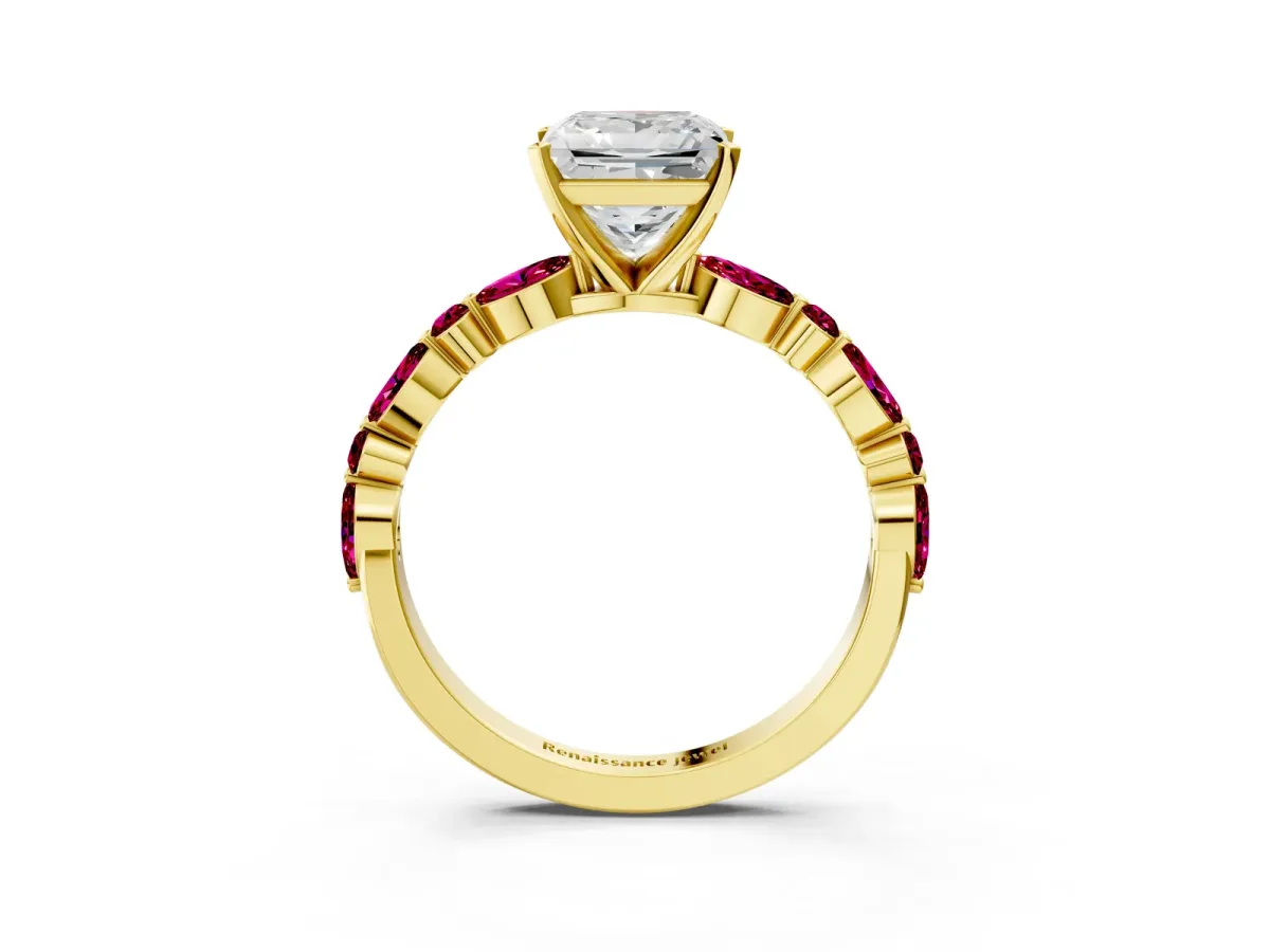 Princess Cut Diamond Ring with Marquise and Round Garnet Side Stones and Four-Prong Setting Yellow gold
