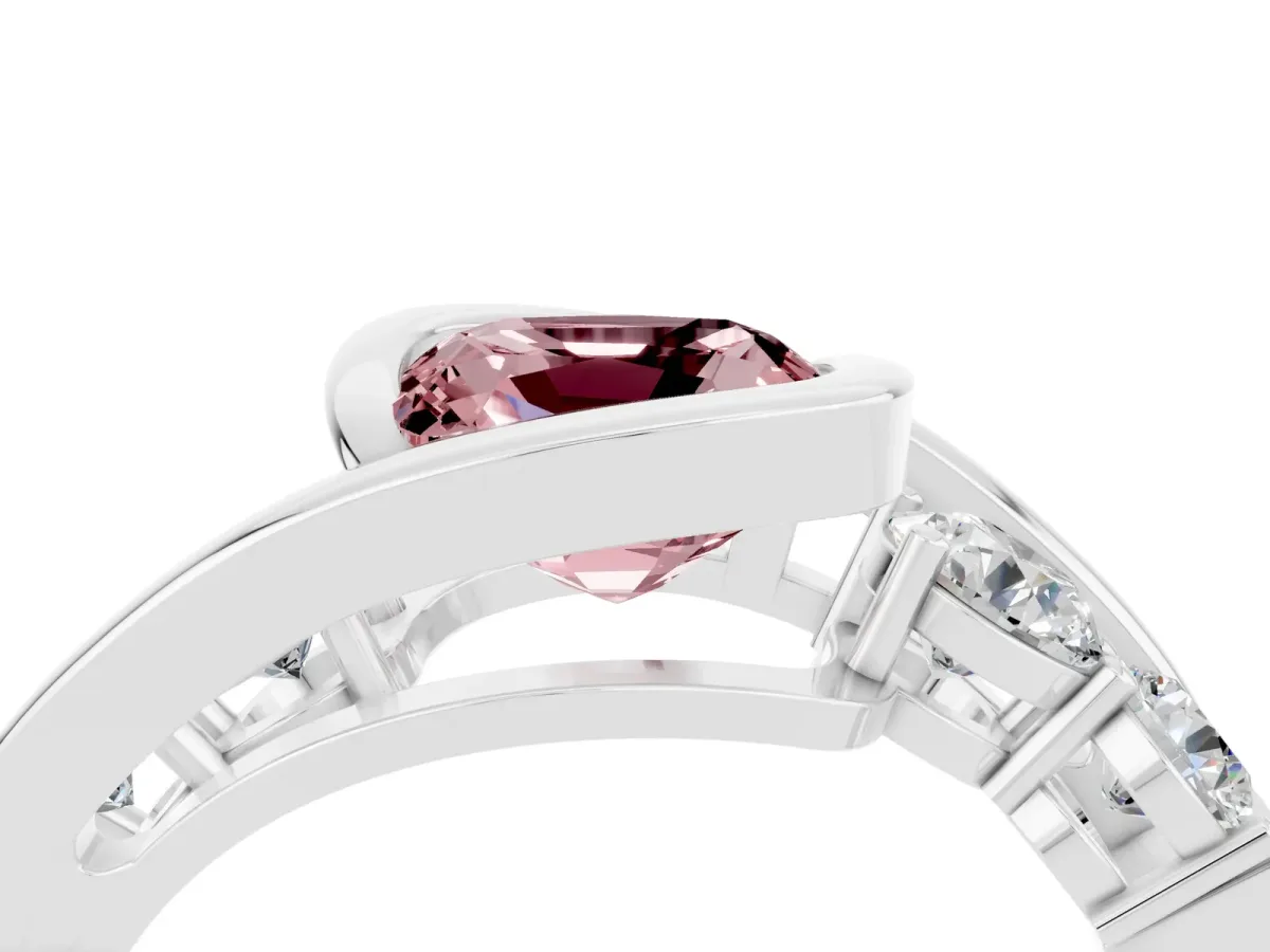 Bezel Set Cushion Cut Morganite Bypass Ring with Round Accents Platinum