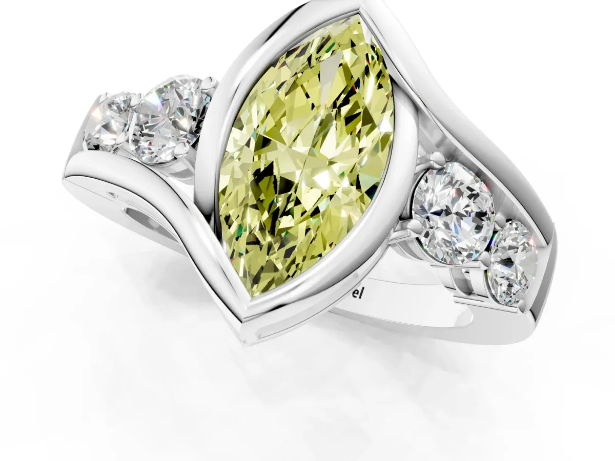 Fancy Yellow Bezel Set Marquise Cut Diamond Bypass Ring with Round Accents Silver