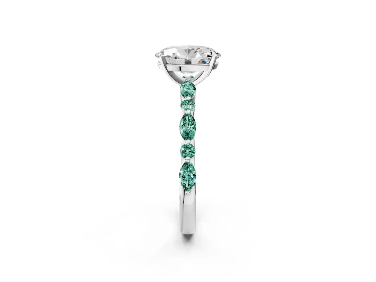 Oval Cut Diamond Ring with Marquise and Round Green Sapphire Side Stones and Four-Prong Setting White gold