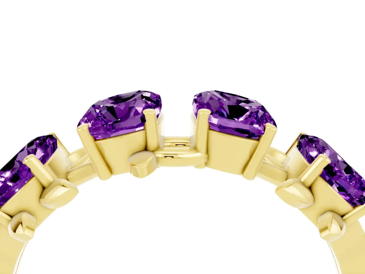 Four-Stone Elongated Cushion Amethyst Band with Nature-Inspired Prong Setting Yellow gold