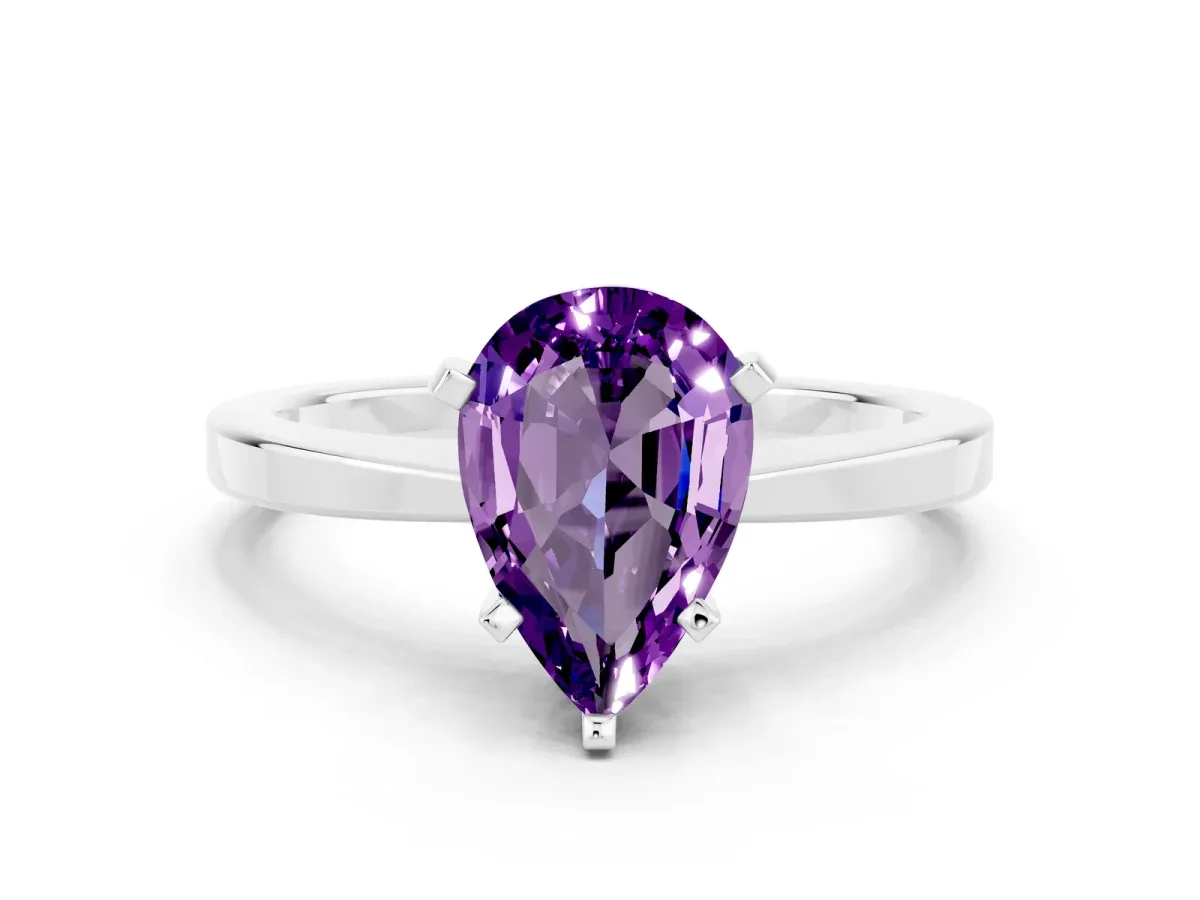 Pear Cut Amethyst Solitaire Engagement Ring with Classic Band and Four-Prong Setting Silver