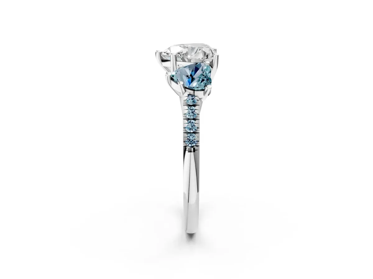 Three-Stone Heart Cut Diamond Ring with Round Aquamarine Pavé Band and Prong Setting White gold