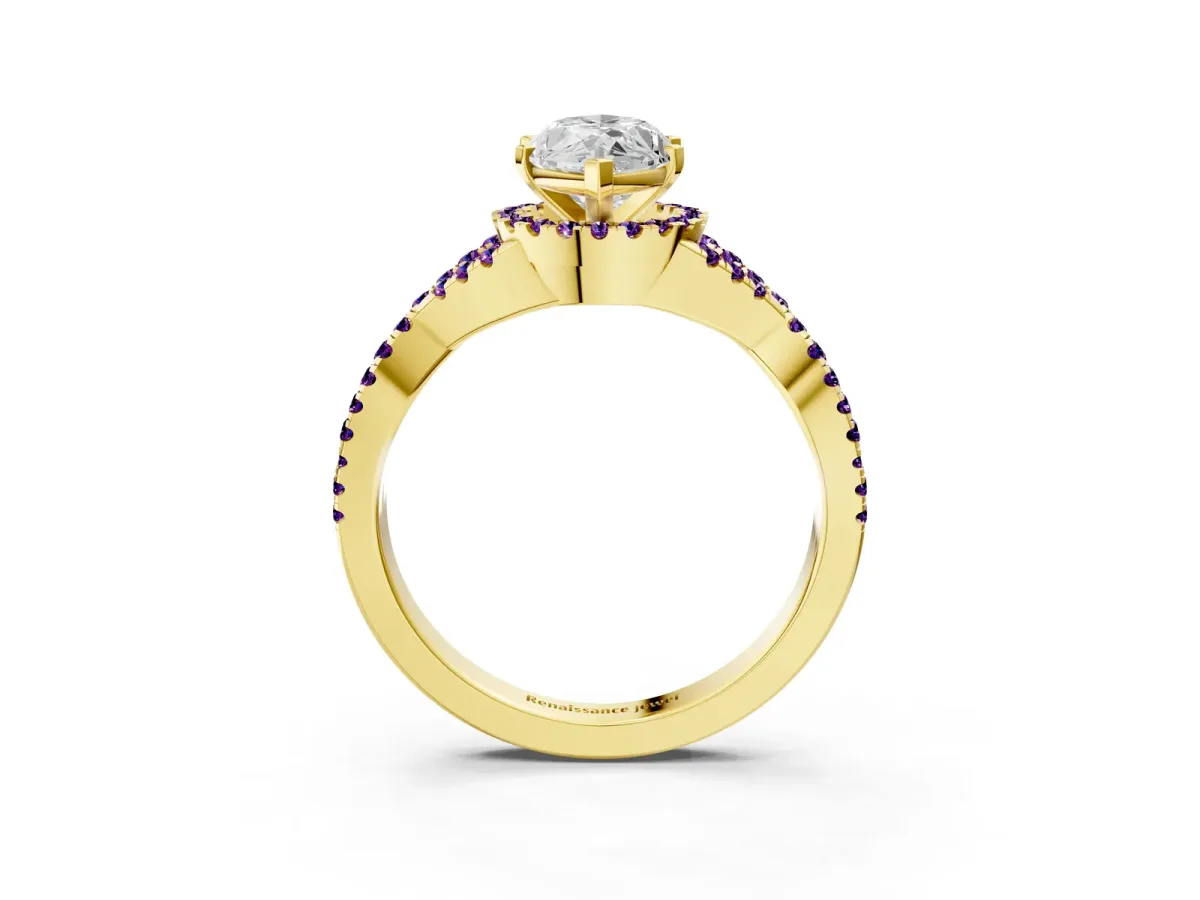Marquise Cut Diamond Amethyst Halo Twist Band Solitaire Prong Setting Ring Yellow gold