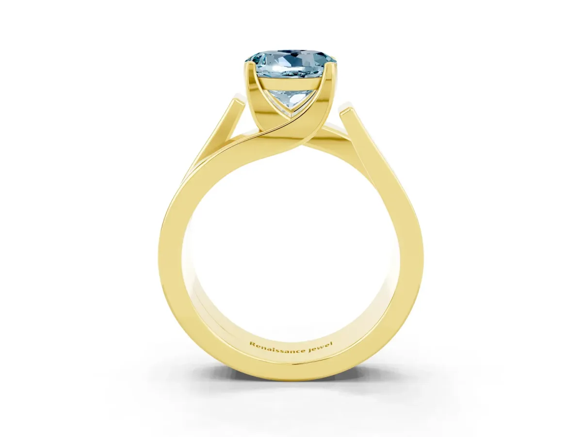 Modern Tension Set Round Cut Aquamarine Solitaire Wide Band Ring Yellow gold