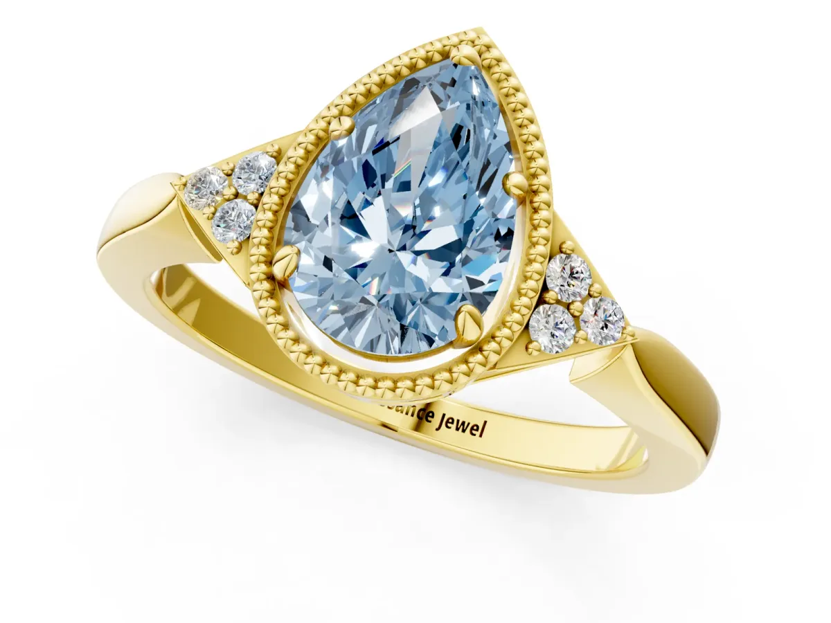 Fancy Blue Milgrain Pear Cut Cut Diamond Ring with Tapered Pave Band and Four Prong Setting Yellow gold