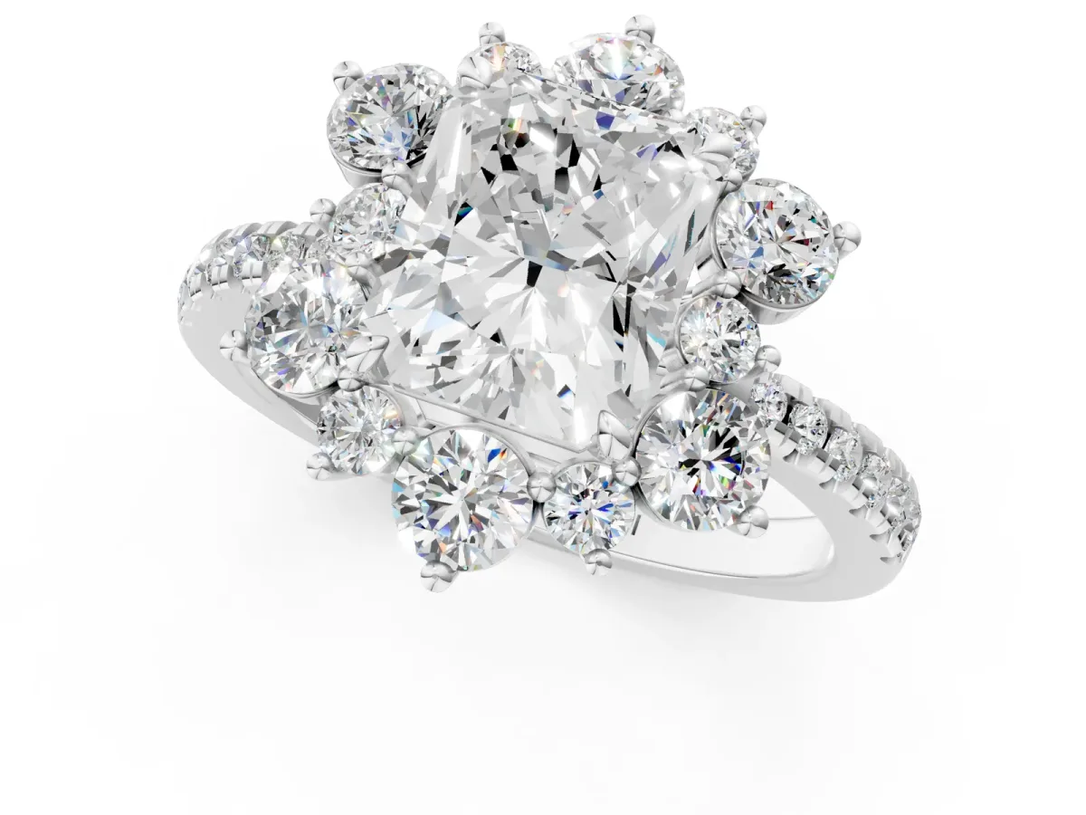 Radiant Cut Diamond Floral Halo Ring with Round Pavé Band and Prong Setting Platinum