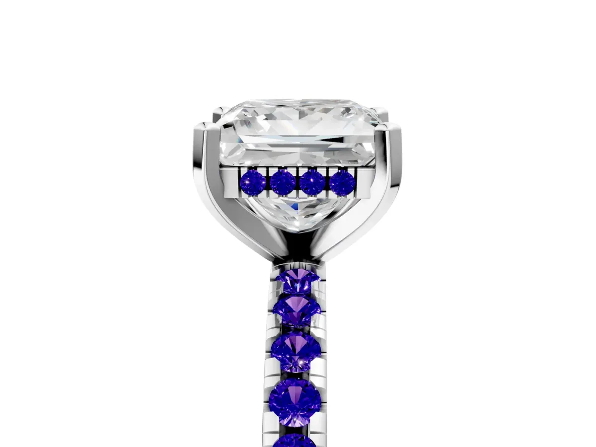 Princess Cut Diamond Solitaire Ring with Round Tanzanite Pavé Band and Four-Prong Setting White gold