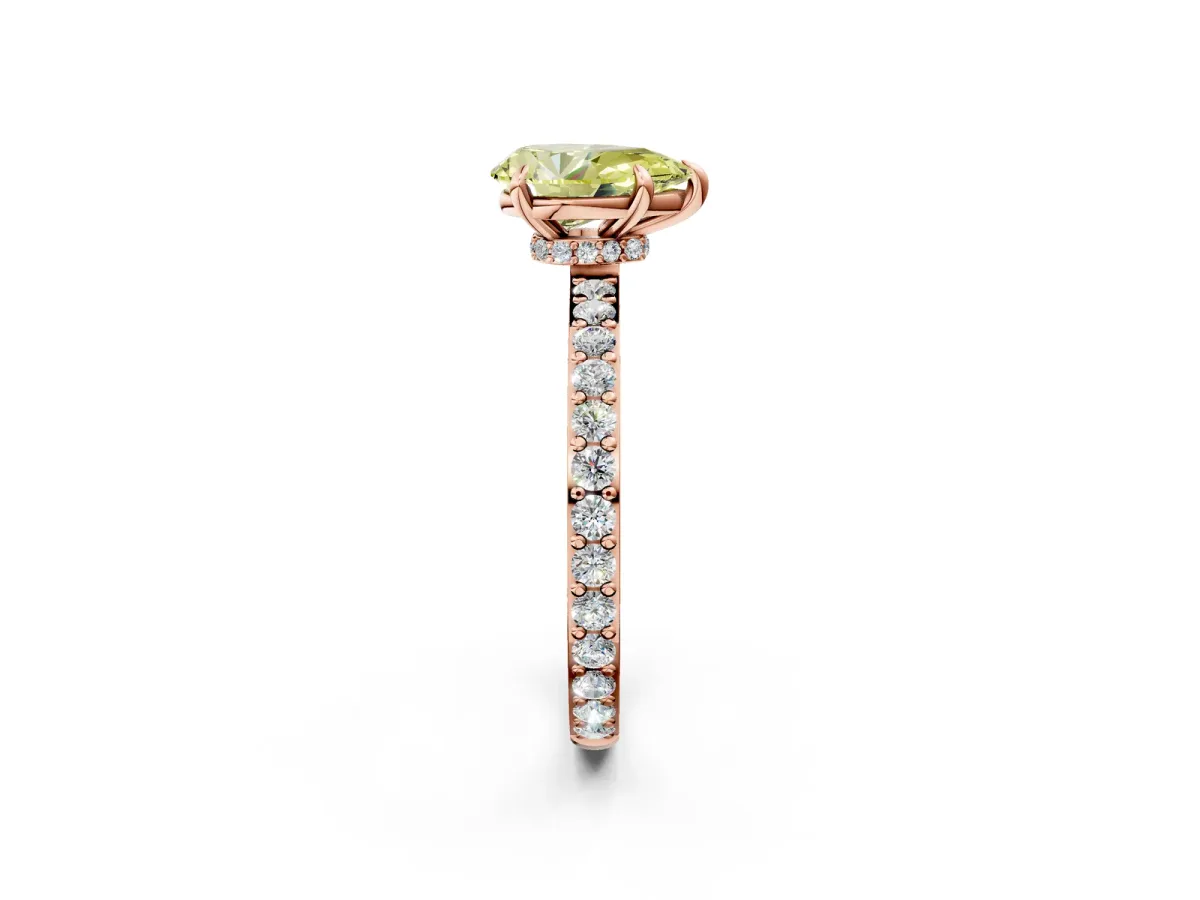 Fancy Yellow Pear Cut Diamond Solitaire Engagement Ring with Pavé Band and Four-Prong Setting Rose gold
