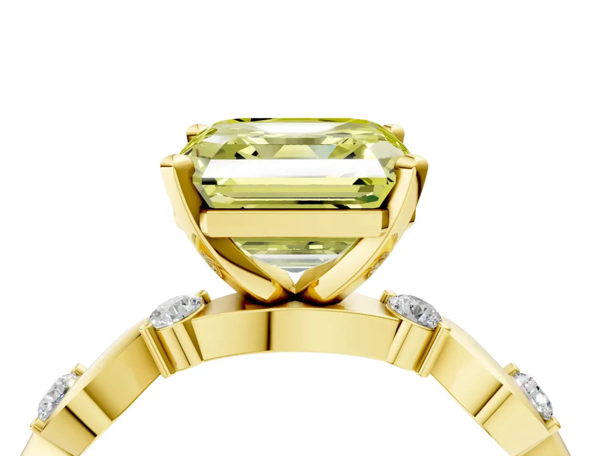 Fancy Yellow Asscher Cut Diamond Solitaire Twisted Band with Round Accents and Prong Setting Yellow gold
