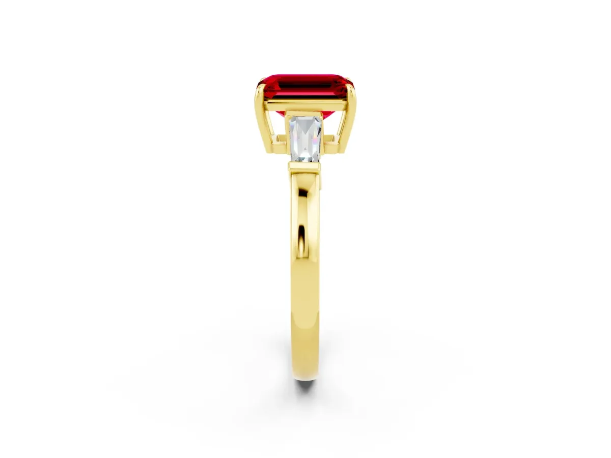 Emerald Cut Ruby Three-Stone Ring with Tapered Baguette Side Stones and Prong Setting Yellow gold