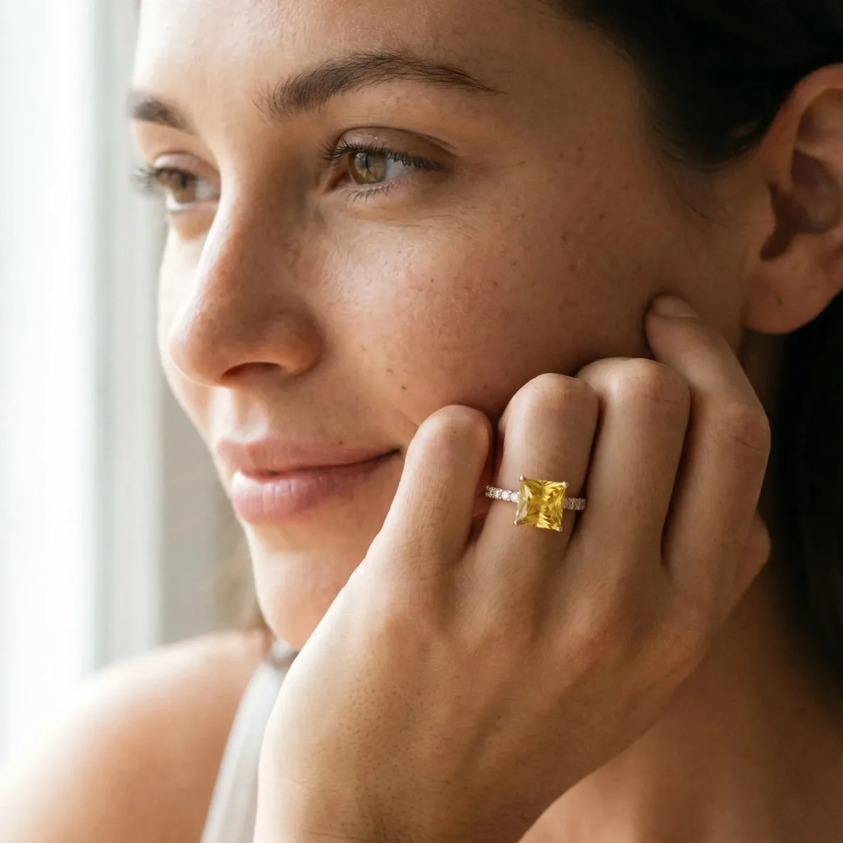 Princess Cut Yellow Sapphire Solitaire Ring with Round Pavé Band and Four-Prong Setting Rose gold