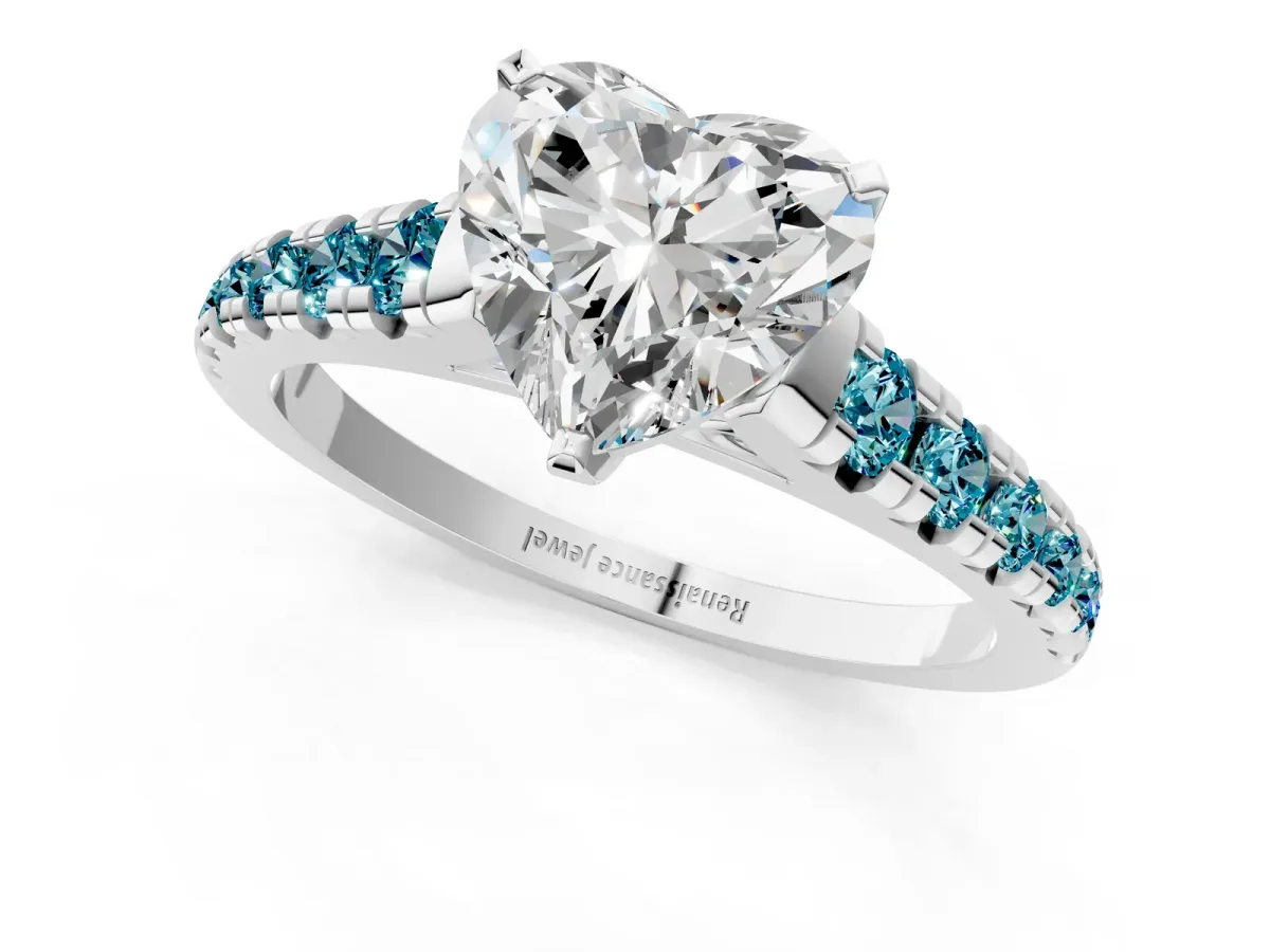 Heart Cut Diamond Cathedral Solitaire Ring with Round Blue Topaz Pavé Band White gold