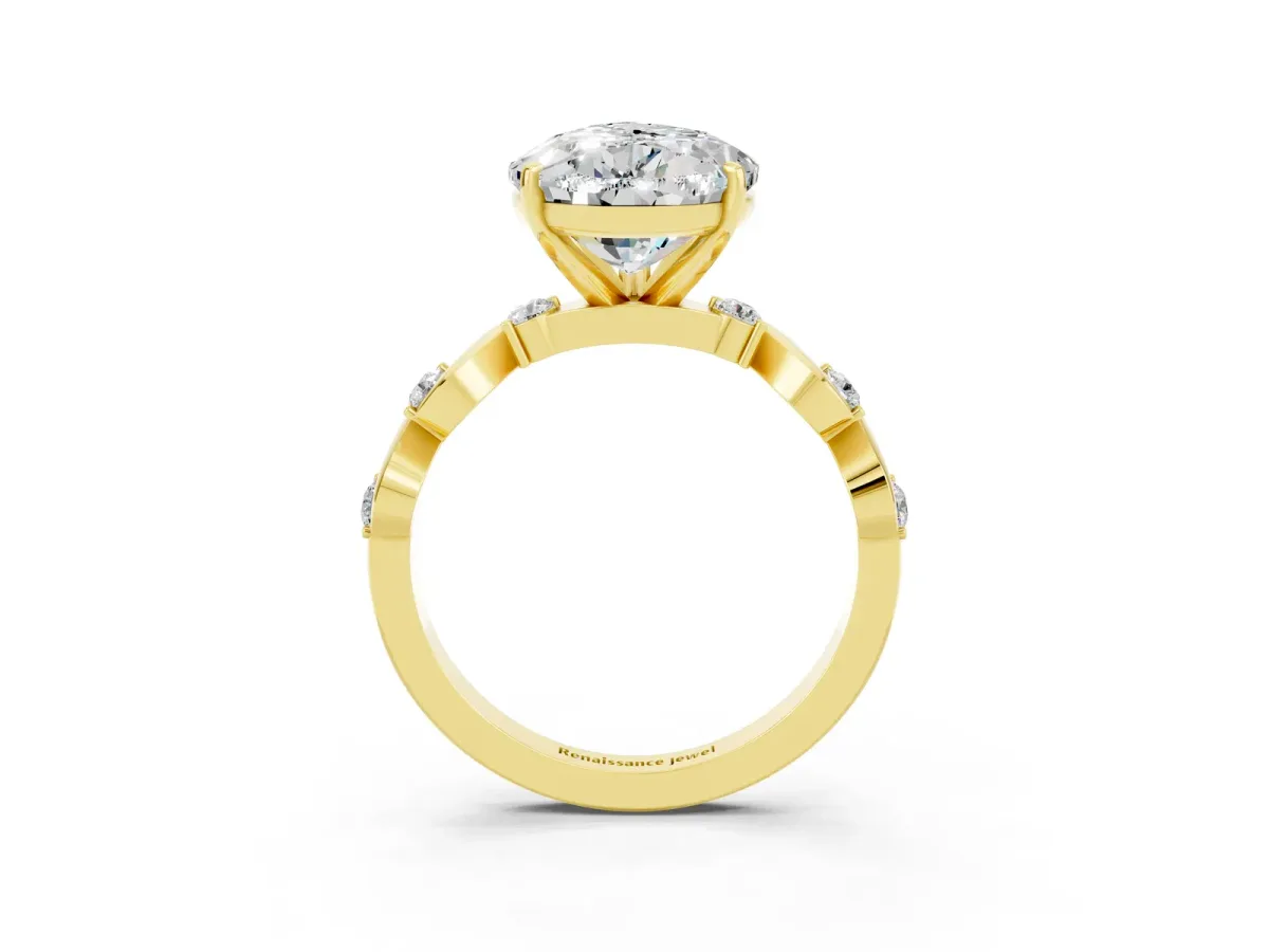 Pear Cut Moissanite Solitaire Twisted Band with Round Accents and Prong Setting Yellow gold