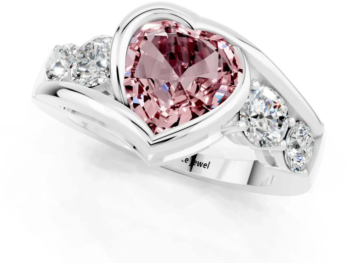 Bezel Set Heart Cut Morganite Bypass Ring with Round Accents Platinum
