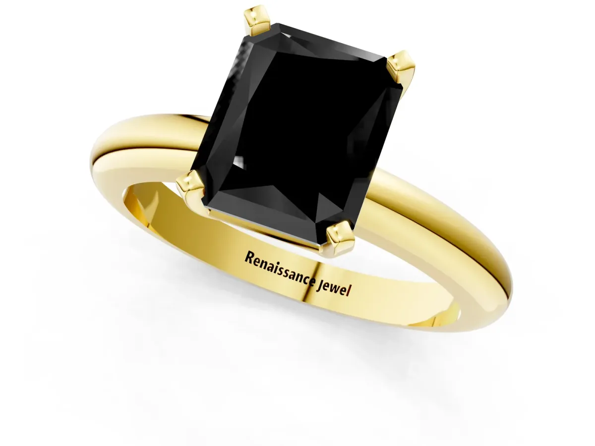 Fancy Black Radiant Cut Diamond Solitaire Engagement Ring with Round Band and Four-Prong Setting Yellow gold