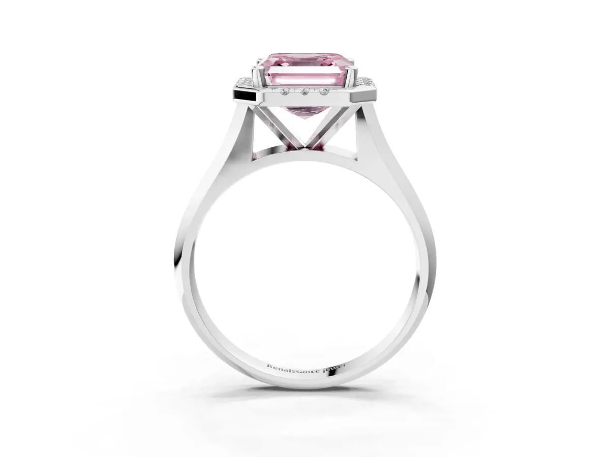 Fancy Pink Asscher Cut Cut Halo Solitaire Engagement Ring with Square Band and Four-Prong Setting White gold