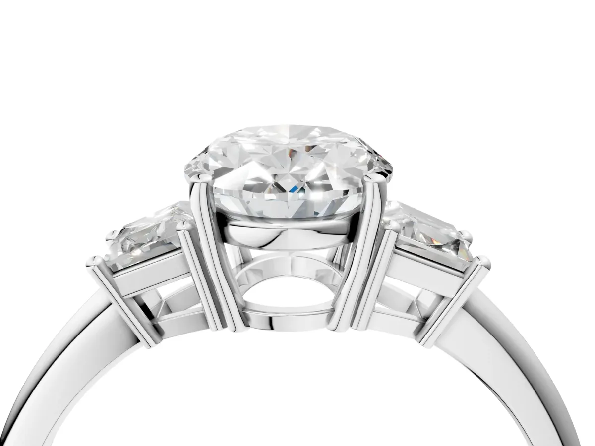 Oval Cut Diamond Three-Stone Ring with Trapezoid Side Stones and Prong Setting Platinum
