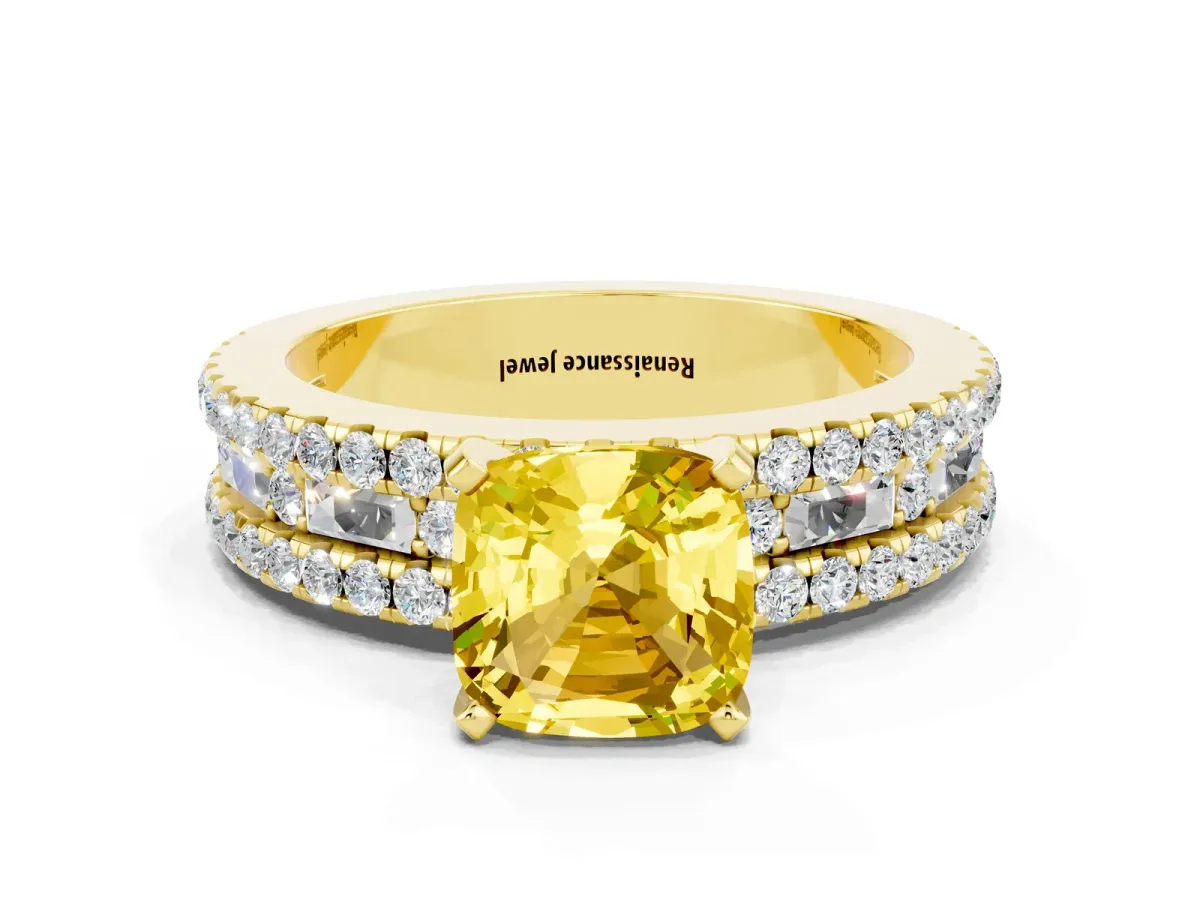 Cushion Cut Yellow Sapphire Solitaire Ring with Pavé and Channel Set Band Yellow gold