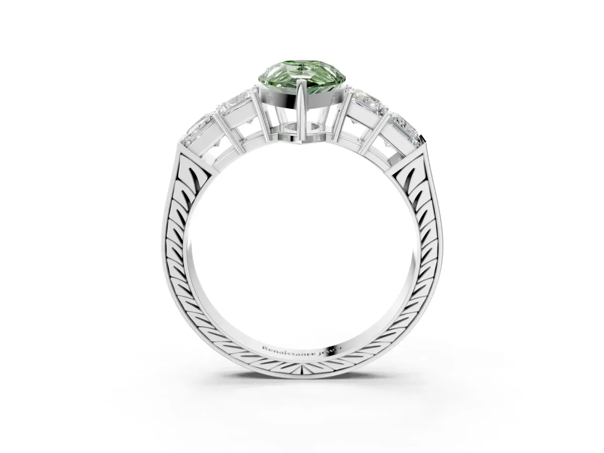 Fancy Green Pear Cut Solitaire Princess Side Stone Engraved Band Prong Setting Ring Platinum