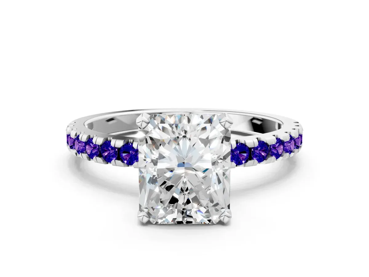 Radiant Cut Diamond Solitaire Ring with Round Tanzanite Pavé Band and Four-Prong Setting White gold
