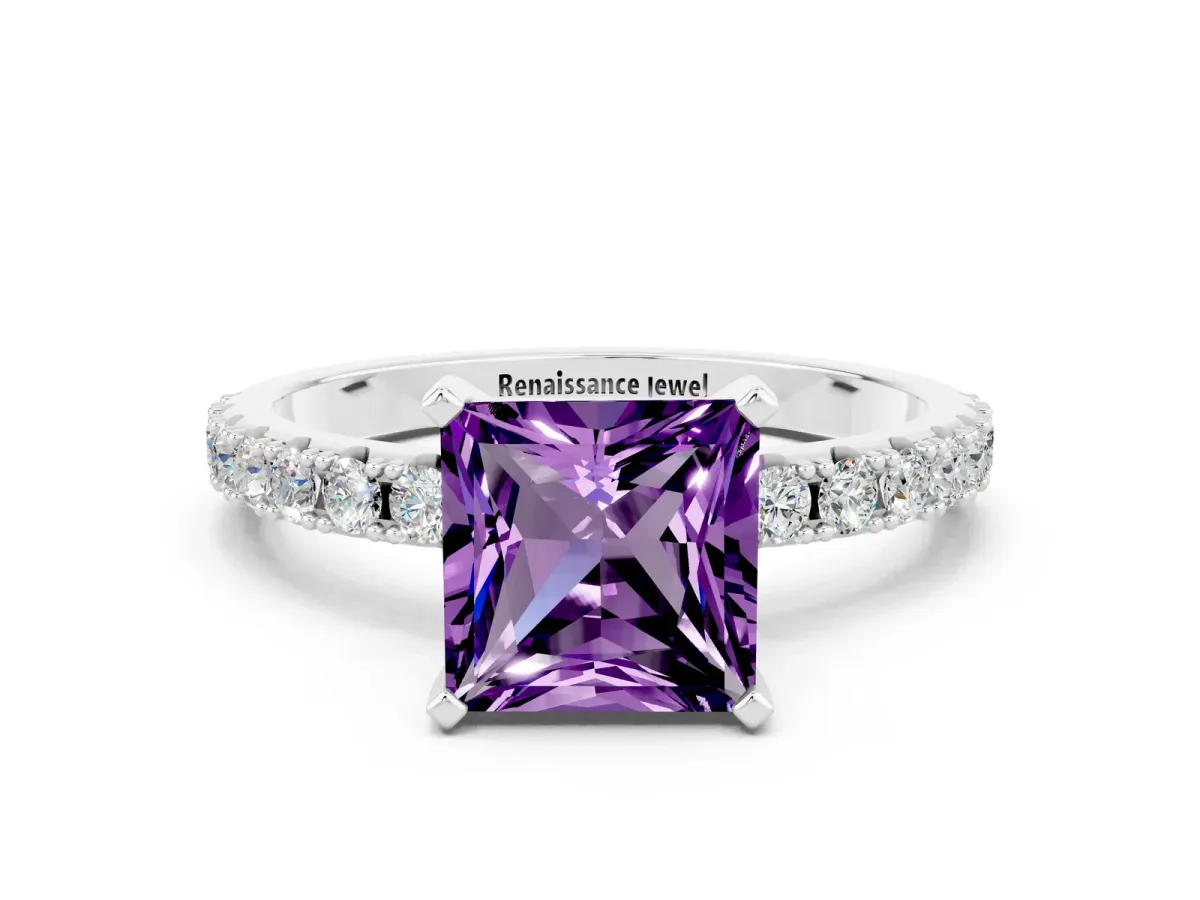 Princess Cut Amethyst Solitaire Pavé Band with Four-Prong Setting Platinum