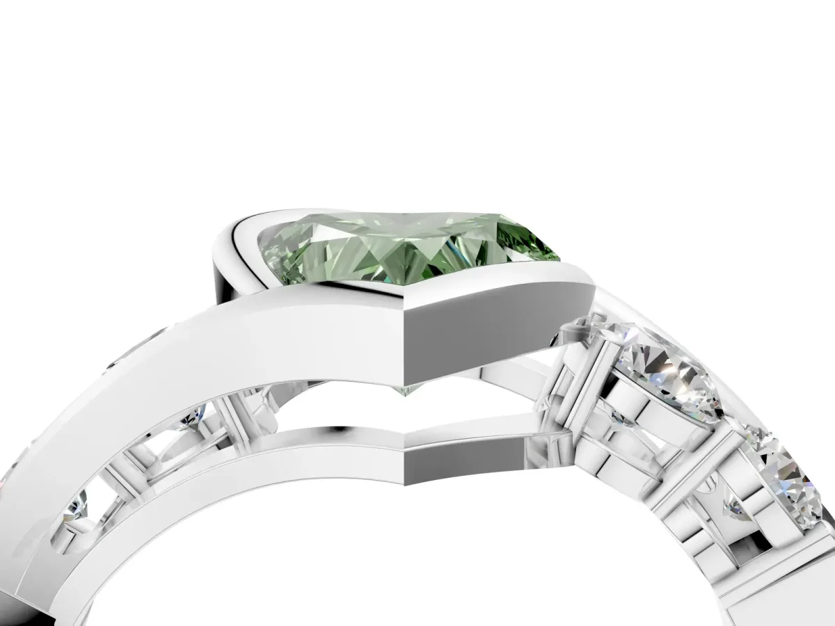Fancy Green Bezel Set Heart Cut Diamond Bypass Ring with Round Accents Platinum