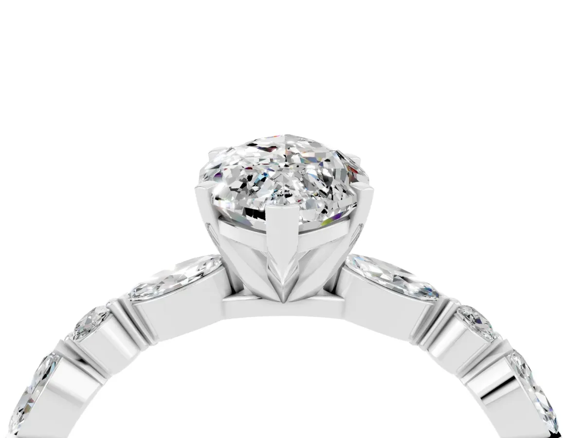 Marquise Cut Moissanite Ring with Marquise and Round Side Stones and Four-Prong Setting White gold