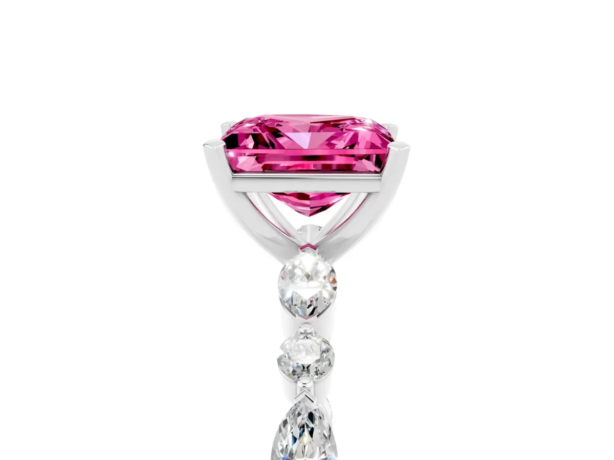 Princess Cut Pink Sapphire Ring with Marquise and Round Side Stones and Four-Prong Setting White gold