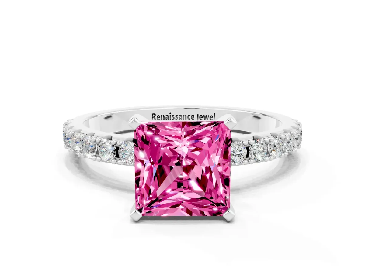 Princess Cut Pink Sapphire Solitaire Pavé Band with Four-Prong Setting Silver