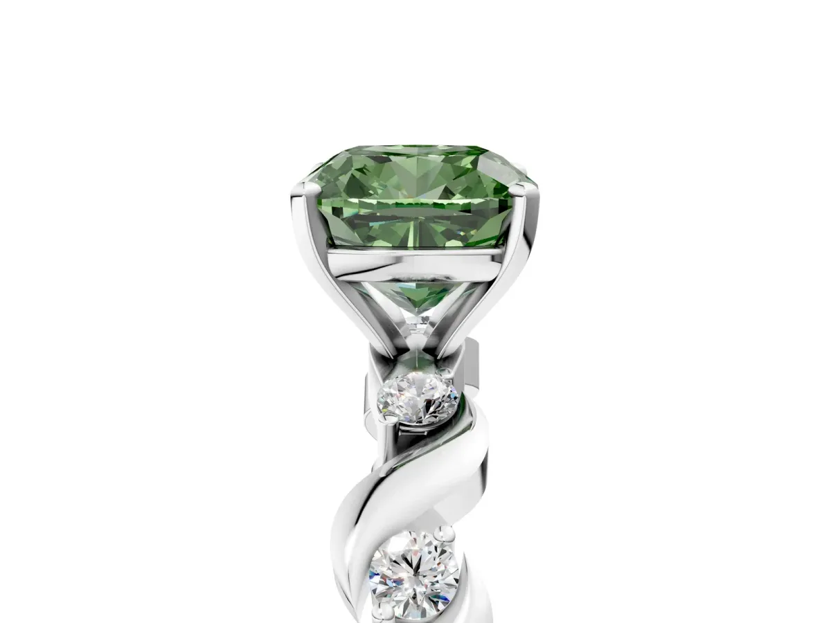 Fancy Green Cushion Cut Diamond Solitaire Twisted Band with Round Accents and Prong Setting White gold