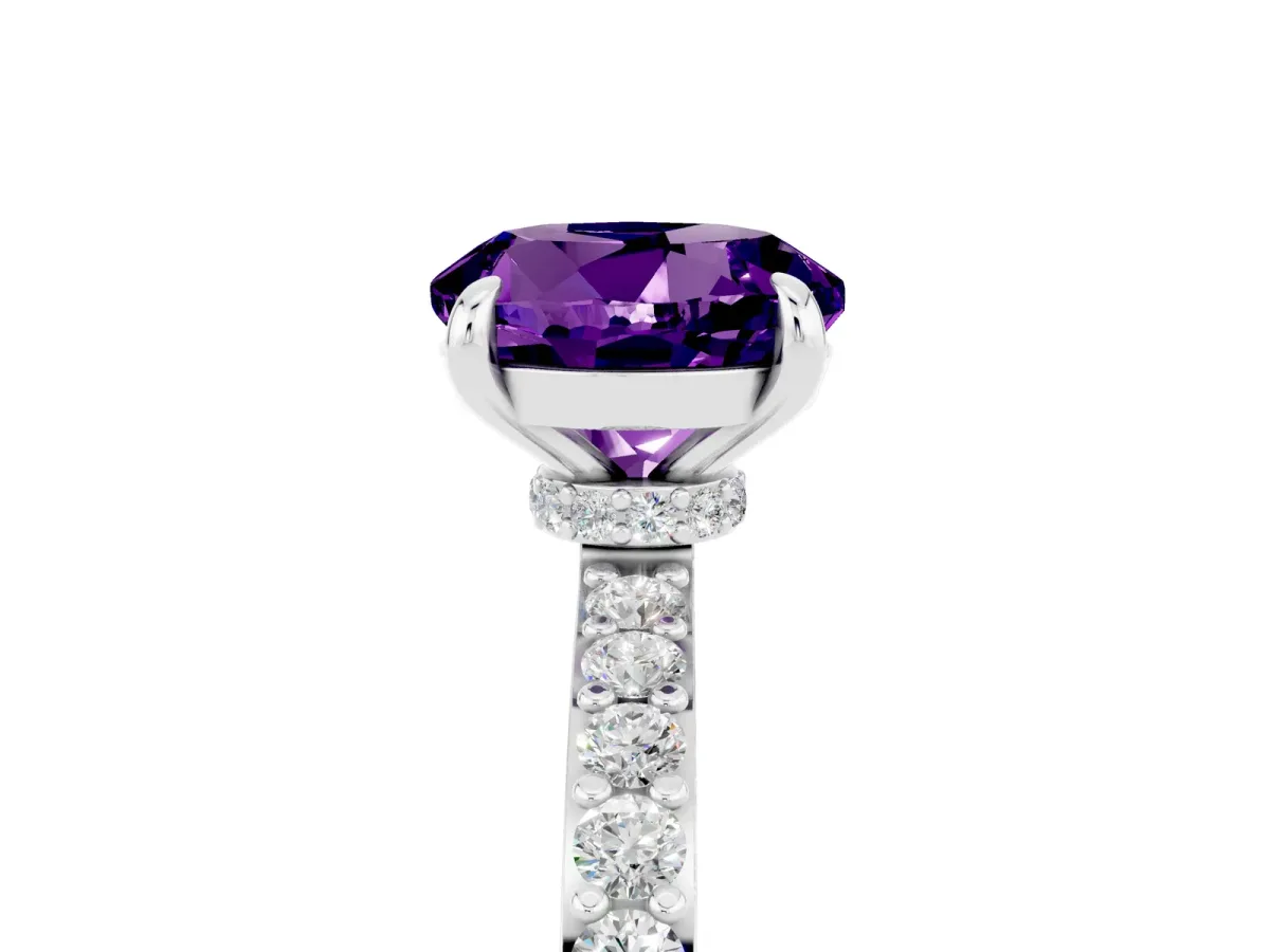 Round Cut Amethyst Solitaire Engagement Ring with Pavé Band and Four-Prong Setting Silver