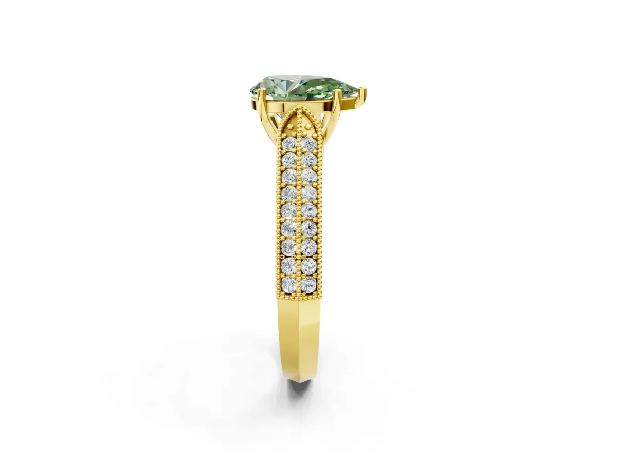 Fancy Green Pear Cut Cut Pave Split Shank Engagement Ring with Four-Prong Setting Yellow gold