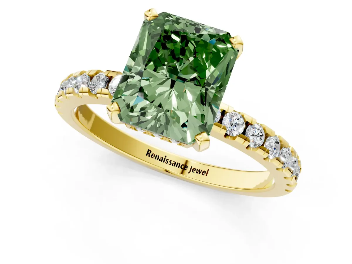 Fancy Green Radiant Cut Diamond Solitaire Ring with Round Pavé Band and Four-Prong Setting Yellow gold