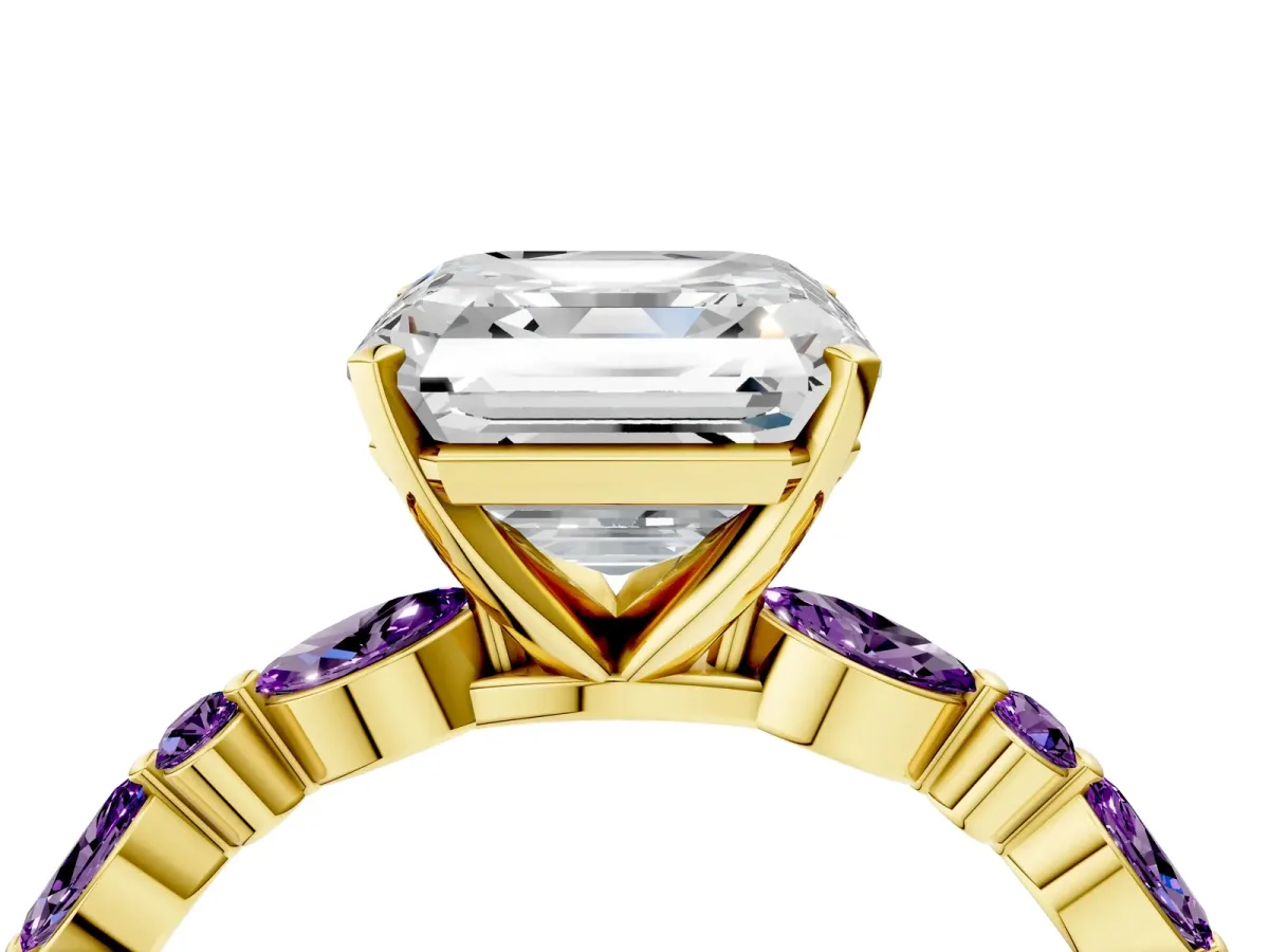 Asscher Cut Diamond Ring with Marquise and Round Amethyst Side Stones and Four-Prong Setting Yellow gold