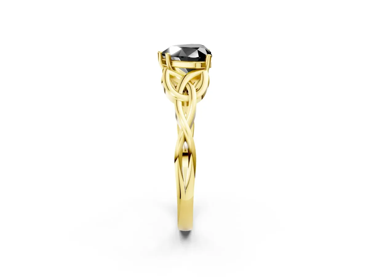 Fancy Black Heart Cut Diamond Solitaire Engagement Ring with Celtic Knot Band and Four-Prong Setting Yellow gold