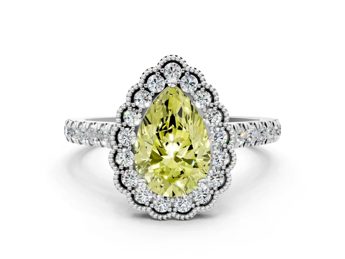 Fancy Yellow Pear Cut Cut Diamond Milgrain Floral Halo Engagement Ring with Pavé Band Silver