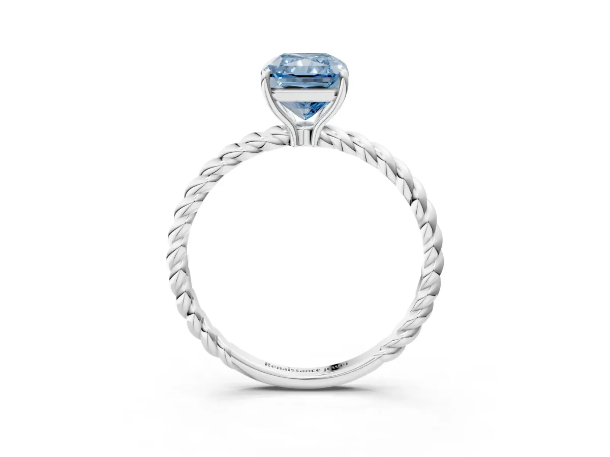Fancy Blue Radiant Cut Solitaire Twisted Band 4-Prong Ring Platinum