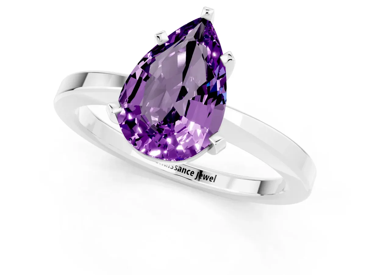 Pear Cut Amethyst Solitaire Engagement Ring with Classic Band and Four-Prong Setting Silver