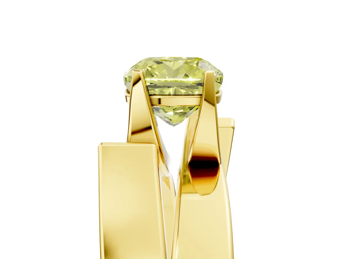 Fancy Yellow Modern Tension Set Cushion Cut Diamond Solitaire Wide Band Ring Yellow gold