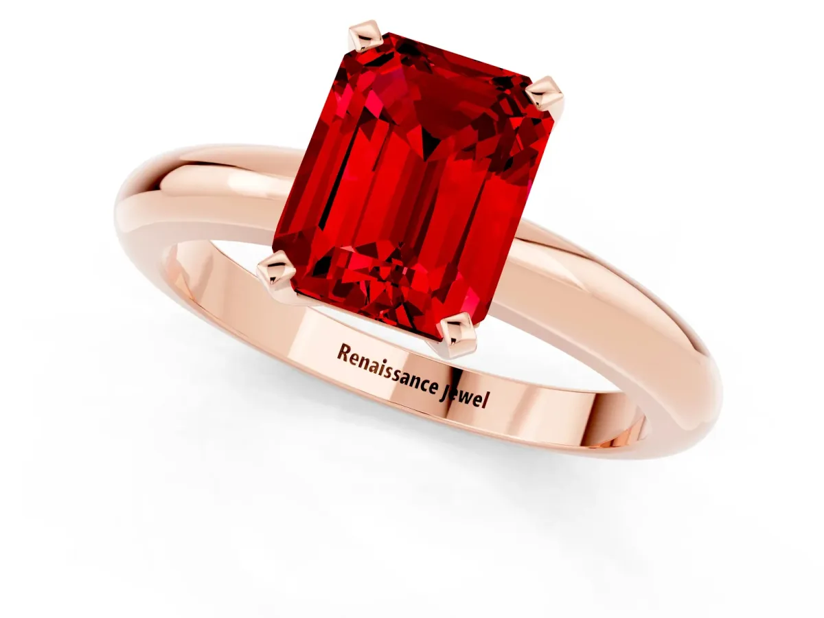Emerald Cut Ruby Solitaire Engagement Ring with Round Band and Four-Prong Setting Rose gold