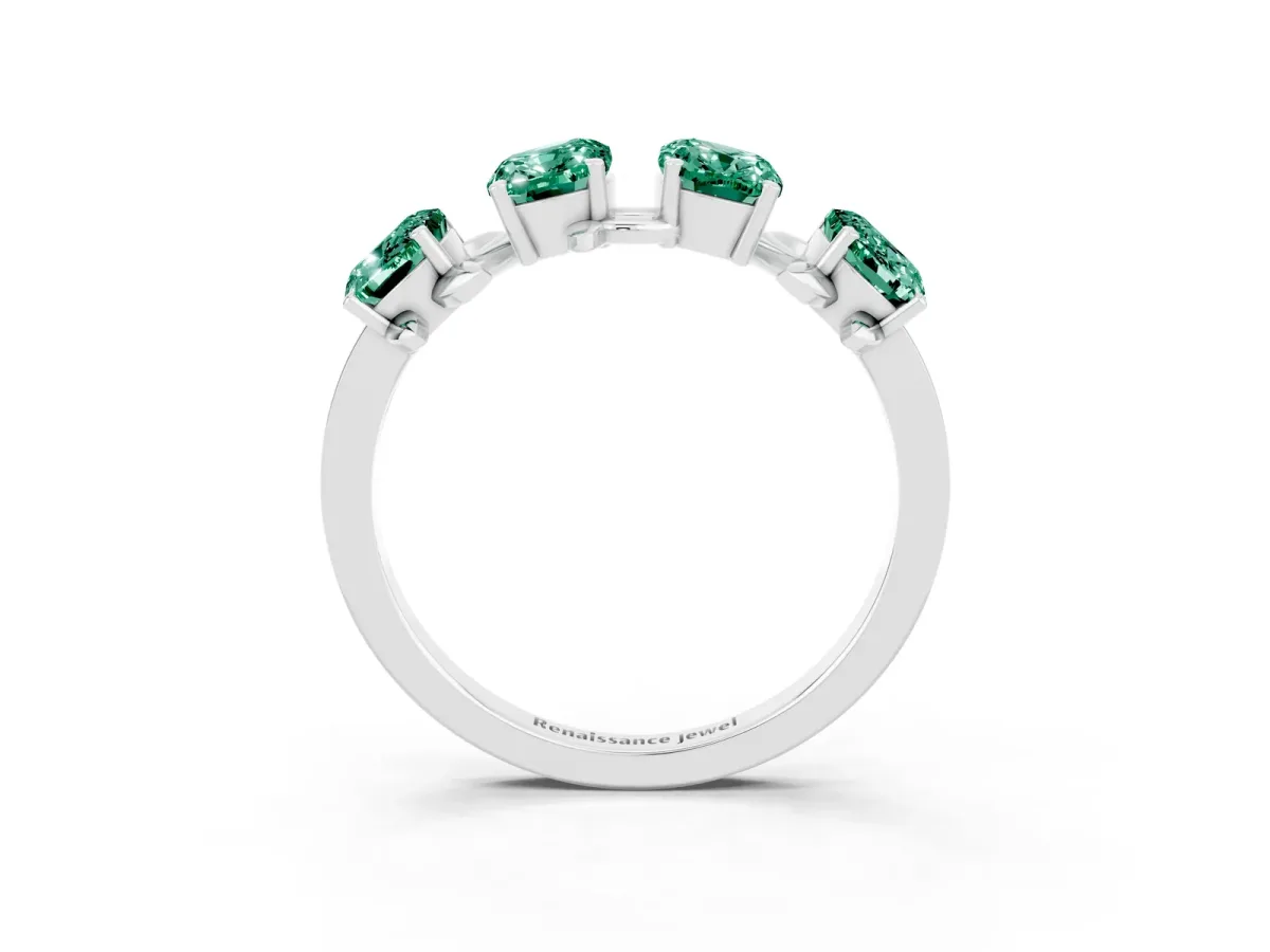 Four-Stone Elongated Cushion Green Sapphire Band with Nature-Inspired Prong Setting White gold