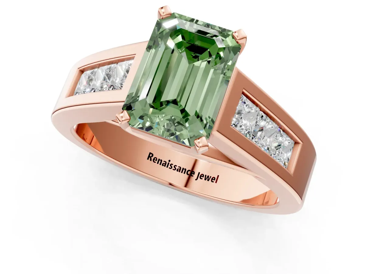 Fancy Green Emerald Cut Cut Channel Set Solitaire Ring with Four-Prong Setting Rose gold