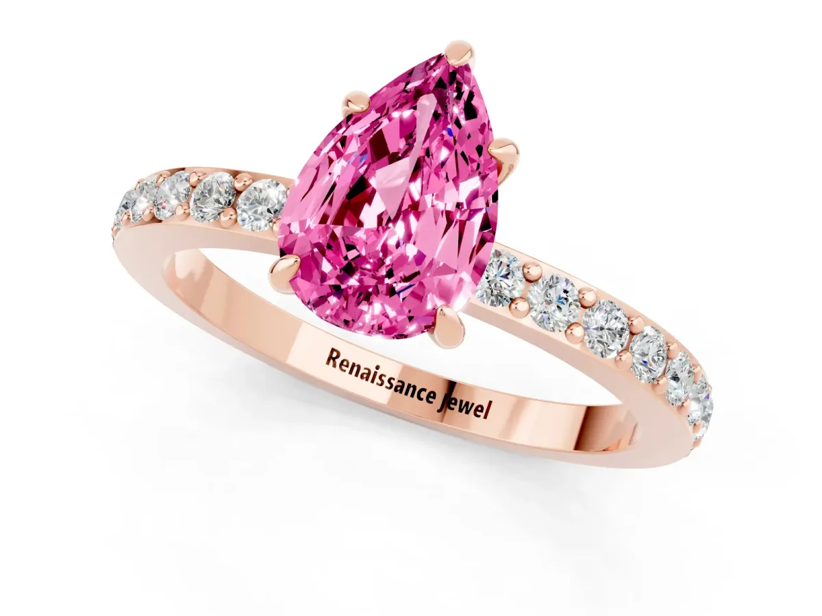 Pear Cut Pink Sapphire Solitaire Engagement Ring with Pavé Band and Four-Prong Setting Rose gold