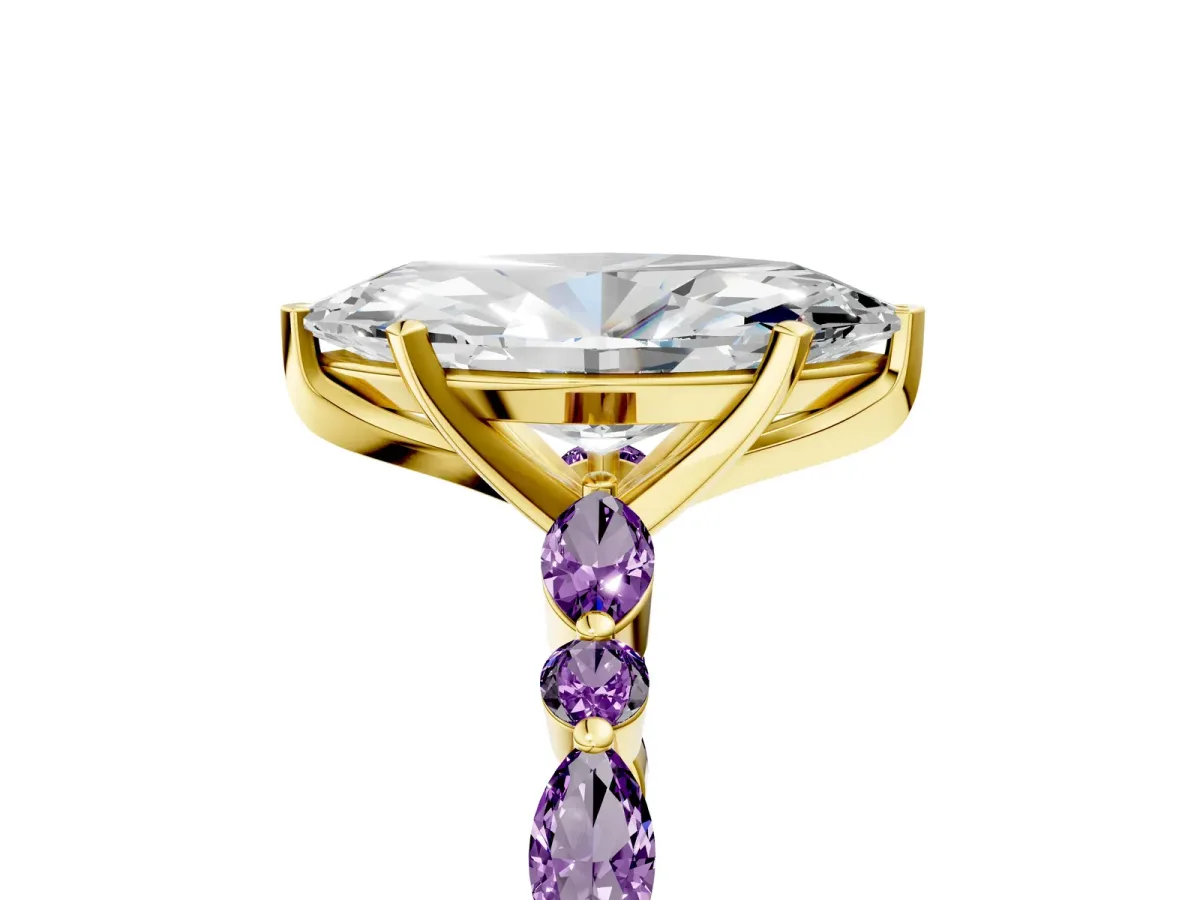 Marquise Cut Diamond Ring with Marquise and Round Amethyst Side Stones and Four-Prong Setting Yellow gold