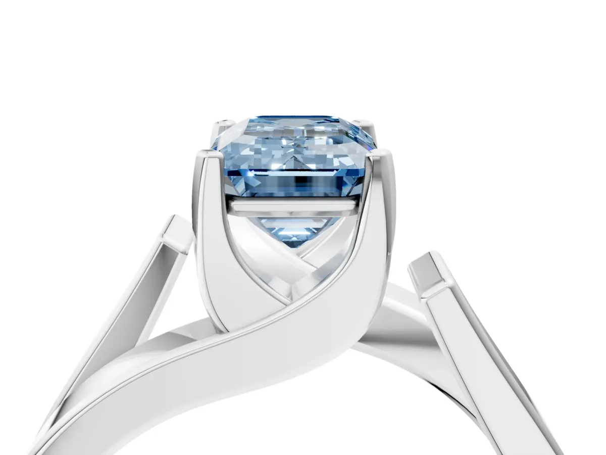Fancy Blue Modern Tension Set Emerald Cut Diamond Solitaire Wide Band Ring Platinum